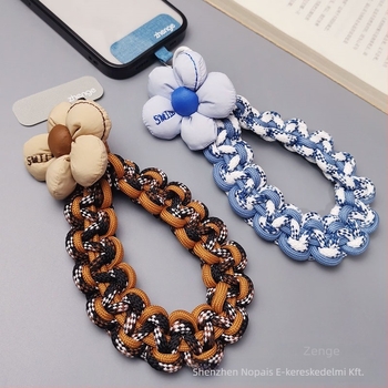 Telefon akasztó pánt, rövid vastag szőtt karkötő, kézzel készült, női multifunkcionális kiegészítő geometriás medállal