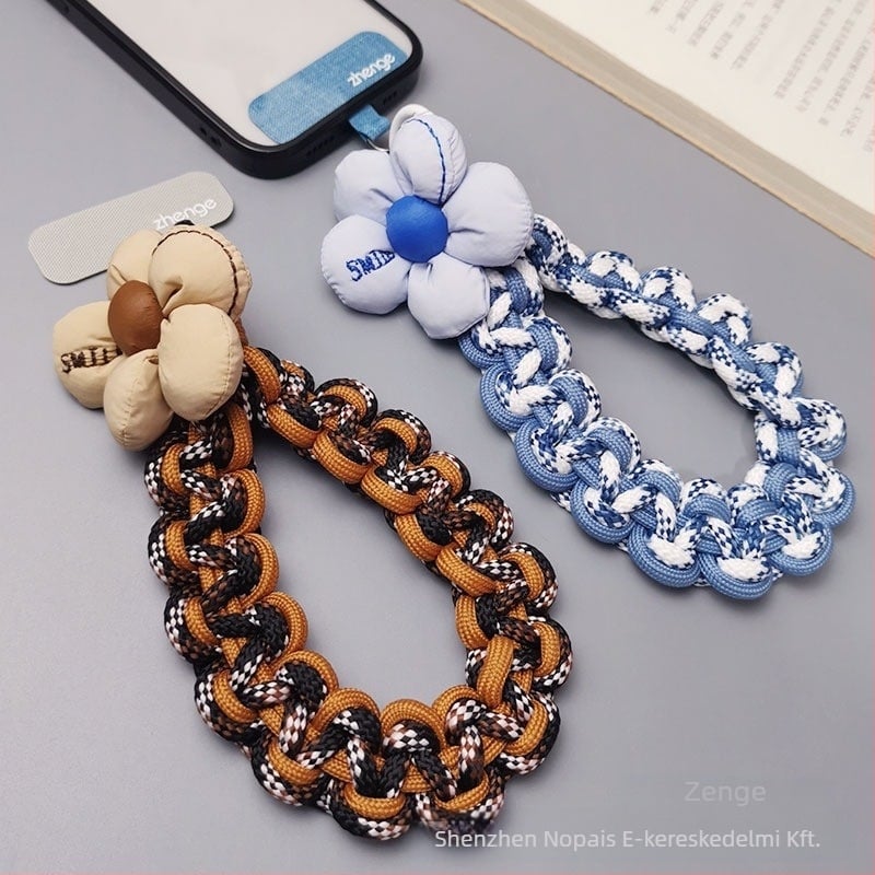 Telefon akasztó pánt, rövid vastag szőtt karkötő, kézzel készült, női multifunkcionális kiegészítő geometriás medállal