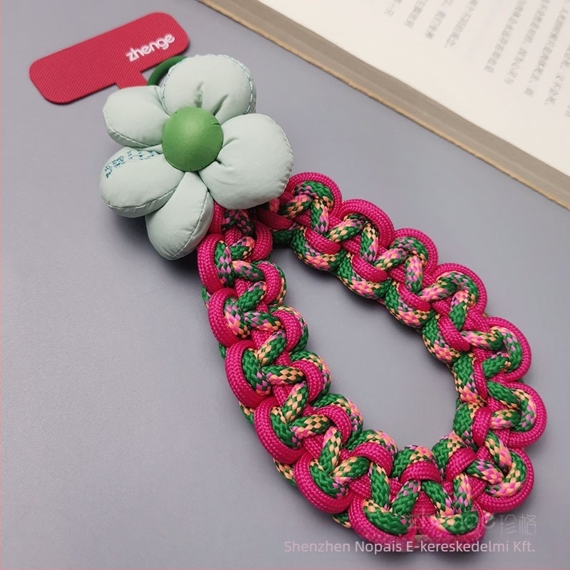 Telefon akasztó pánt, rövid vastag szőtt karkötő, kézzel készült, női multifunkcionális kiegészítő geometriás medállal