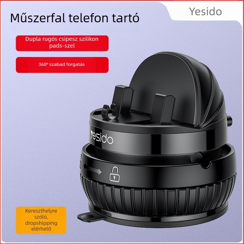 Yesido autótelefon tartó 360°-os forgással, középkonzolhoz rögzítő szívófej, ABS + silica gel, többfunkciós