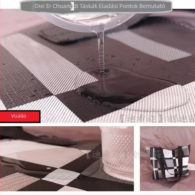 PU tote táska kockás mintázattal, cipzáras zárás, puha szerkezet, nagy kapacitás, belső cipzáras zseb és kártyatartó zseb