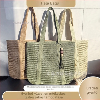 Szalmából készült válltáska, városi egyszerű stílus, függőleges négyzet alakú forma, cipzáros záródás, belső cipzáras zseb