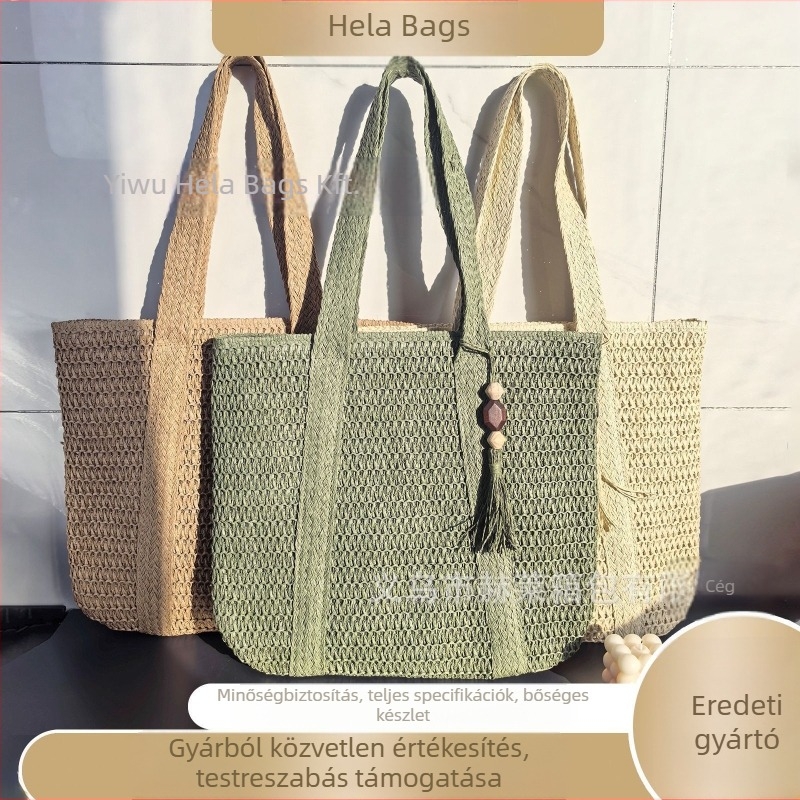 Szalmából készült válltáska, városi egyszerű stílus, függőleges négyzet alakú forma, cipzáros záródás, belső cipzáras zseb