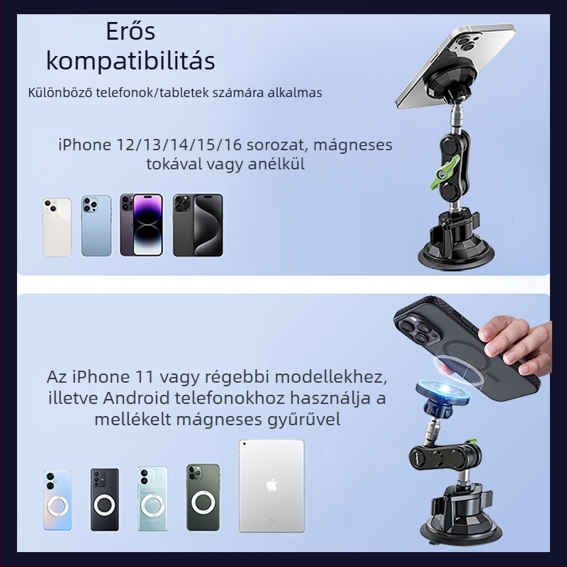 MagSafe mágneses autós telefontartó vákuumos rögzítéssel – műszerfalra szerelhető, telefon, tablet és navigáció, 15W