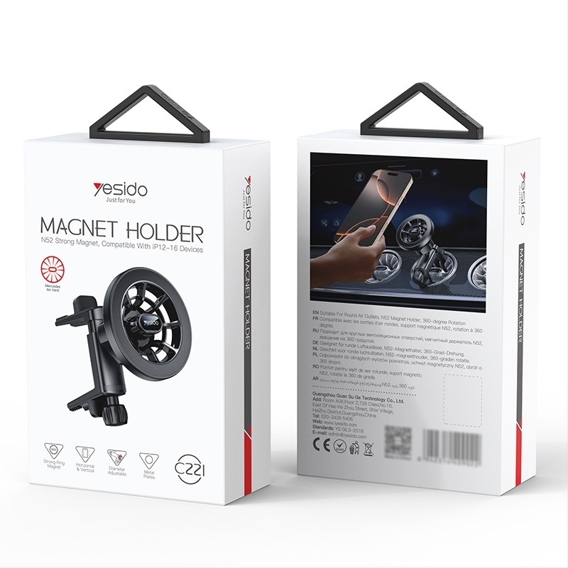 Yesido mágneses autós telefontartó, körkörös szellőzőnyílásra szerelhető, műanyag kivitel
