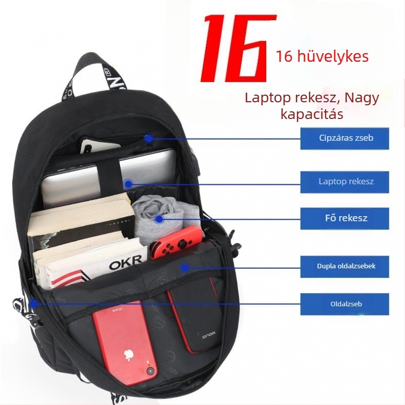 Férfi hátizsák, koreai stílusú, könnyű iskolai táska diákoknak, 16 hüvelykes laptop kompatibilis, poliészter, Yinse