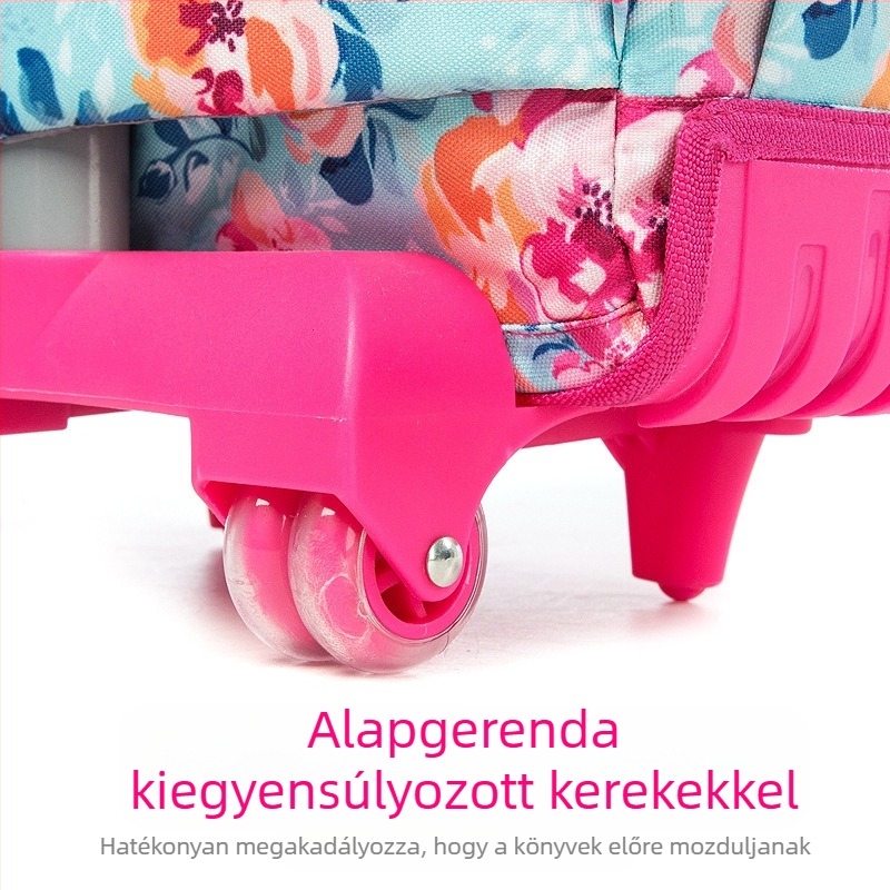 Háromrészes gördülős iskolatáska készlet általános iskolásoknak — Oxford anyag, virágos minta, lélegző és tehercsökkentő