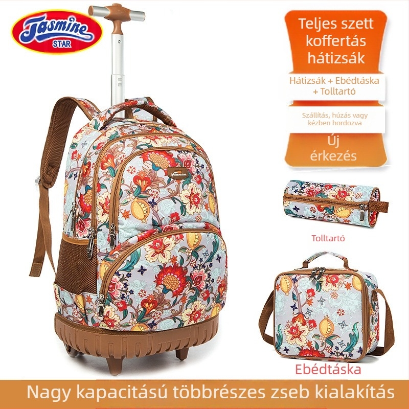 Háromrészes gördülős iskolatáska készlet általános iskolásoknak — Oxford anyag, virágos minta, lélegző és tehercsökkentő