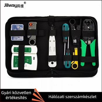 Jillway hálózati eszköz készlet kábelteszterrel és RJ45 csatlakozókkal – szénacél szerszámok telepítéshez és karbantartáshoz