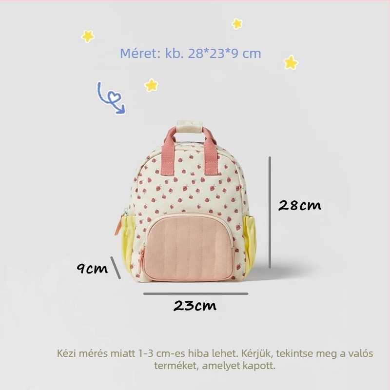 Pamut vászon hátizsák óvodások számára mindennapi használatra, eper mintával, ultra könnyű és lélegző, ívelt vállpántok, belső pamut bélés