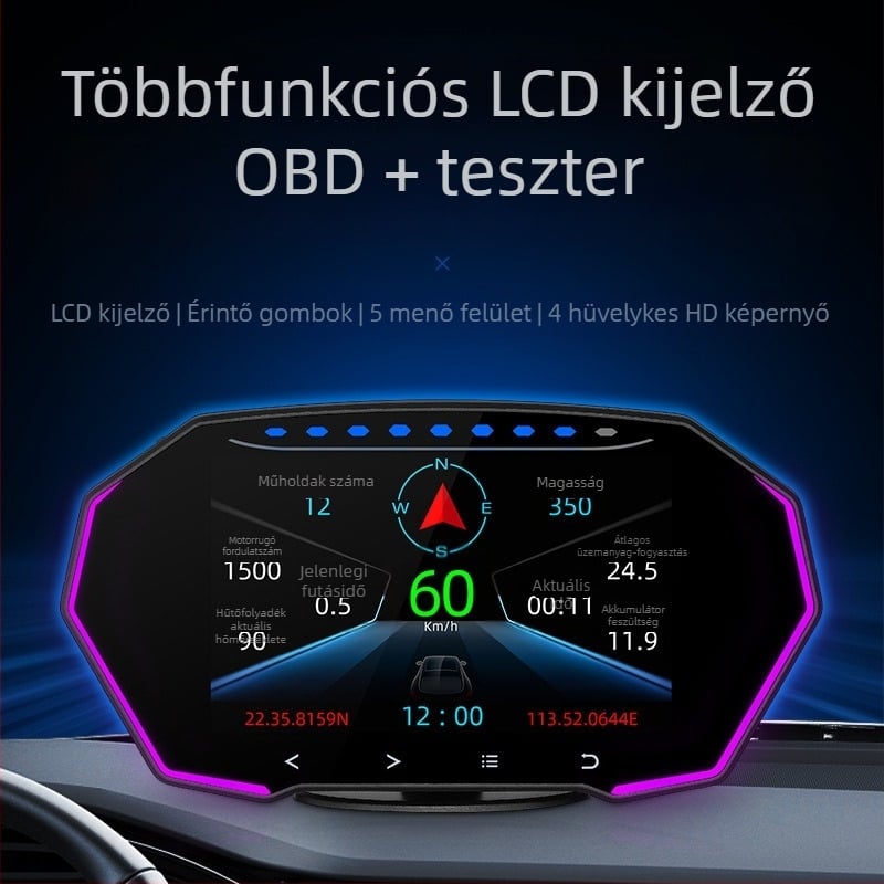 Autó HUD kijelző GPS sebességmérővel, OBD, 4 inch LED LCD érintőképernyős kijelző, Modell F11