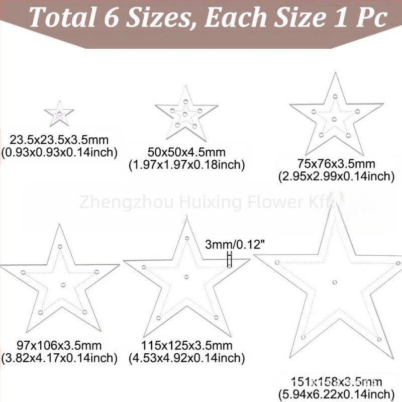 Csillag alakú akril varrás sablonok, 6 darabos készlet, díszdobozos csomagolás