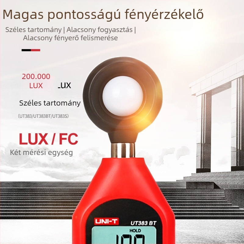 Digitális világosságmérő UT383 – tartomány 0–199999 Lux, felbontás 1 Lux, pontosság ±(4% rdg+8 dgts)