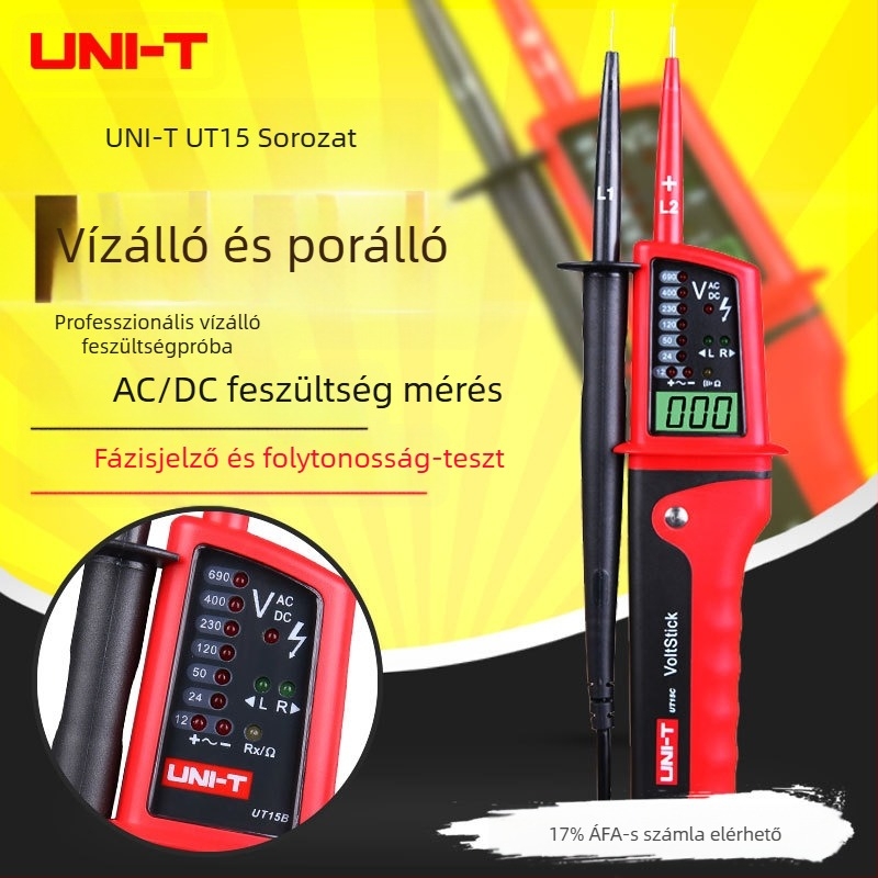 UT15B vízálló elektromos mérő toll – AC/DC feszültségmérés, háromfázisú AC mérés, fázissorrend jelzés, be/kikapcsolás