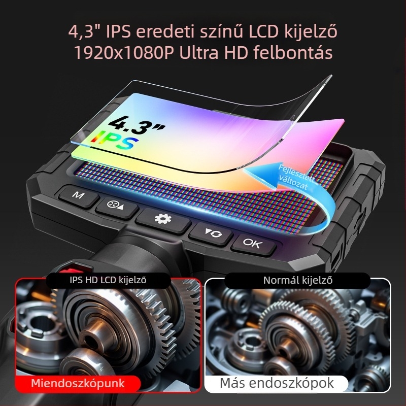 Beépített kijelzős endoszkóp, 360° artikuláló szonda autódiagnosztikához, HD 2 MP kamera, IP67 vízálló, munkahossz 1000 mm, LED világítás