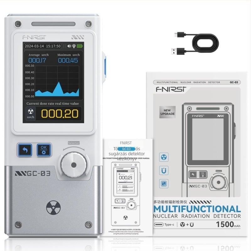 FNIRSI GC-03 Geiger-számláló – radiációt mér, elektromos és mágneses mezőt; pontosság 0.01 μSv/h, 1 V/m, 0.01 μT; otthon, iroda, autó és kültéri használatra