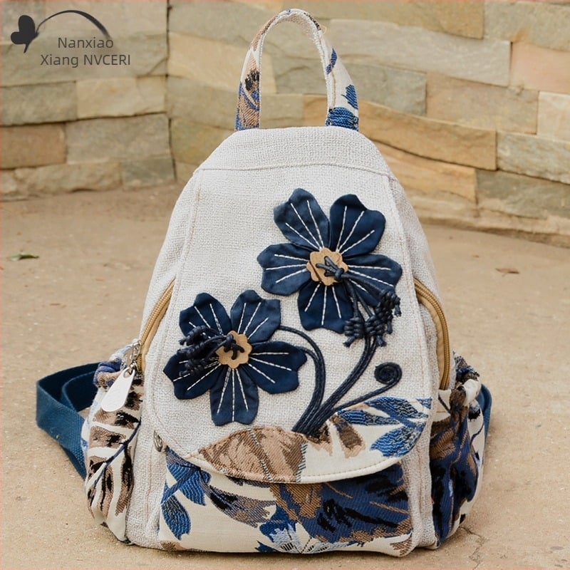 Irodalmi stílusú hátizsák, pamut és len anyagból, cipzáras záródás, ideális szabadidős utazásokhoz