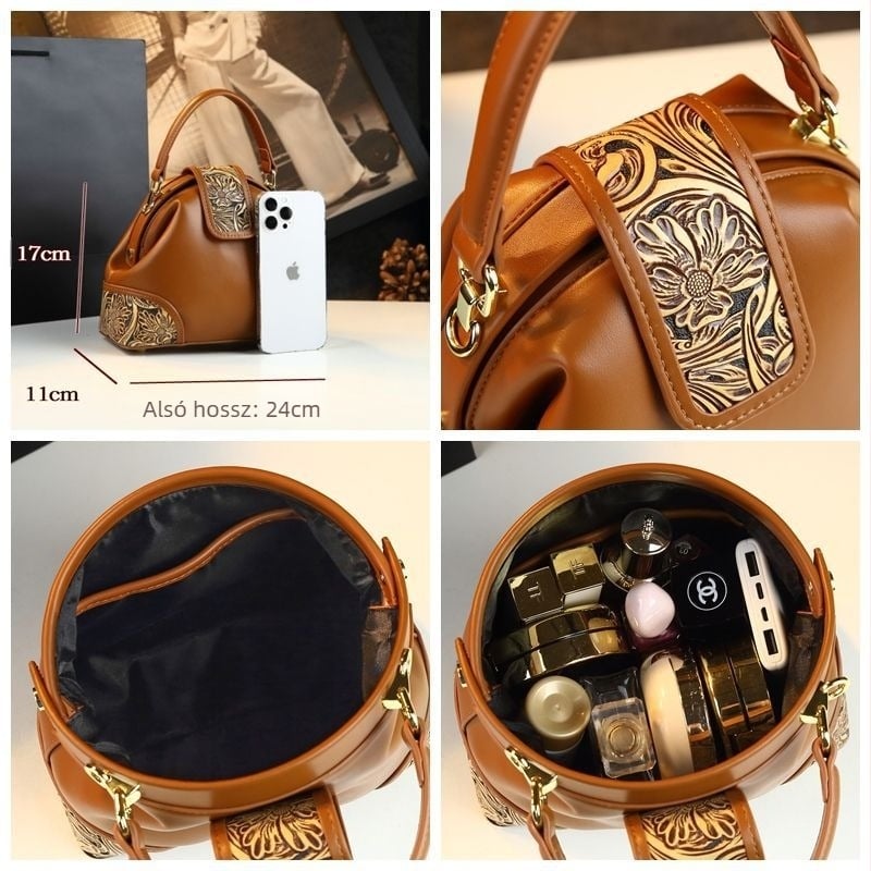 Természetes bőrből készült dumpling alakú táska rejtett cipzáras zsebbel, zárás klipsz-szal, poliészter bélés, 2025 tavasza