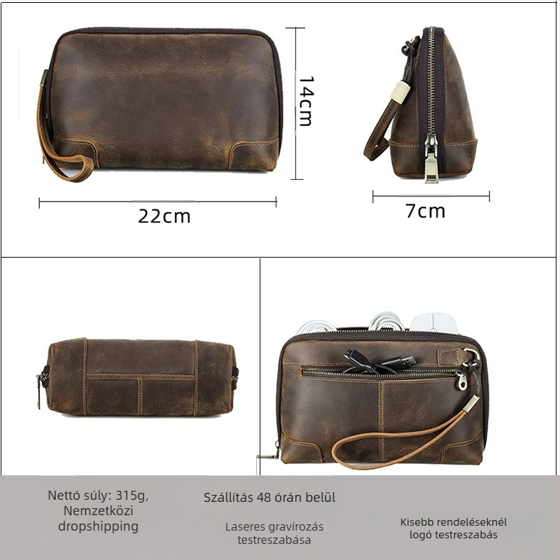 Black Angel Férfi bőr kézitáska karabinerrel adattároláshoz és Bluetooth fejhallgatókhoz – első réteg marhabőr, vízálló