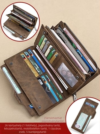 Férfi bőr pénztárca több kártyahellyel, nagy kapacitás, levehető jogosítvány-tartó, gradiens mintázat, városi letisztult stílus