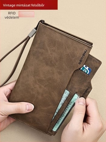 Férfi bőr pénztárca több kártyahellyel, nagy kapacitás, levehető jogosítvány-tartó, gradiens mintázat, városi letisztult stílus