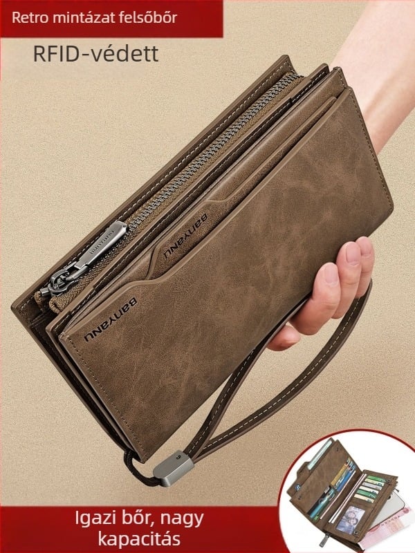 Férfi bőr pénztárca több kártyahellyel, nagy kapacitás, levehető jogosítvány-tartó, gradiens mintázat, városi letisztult stílus