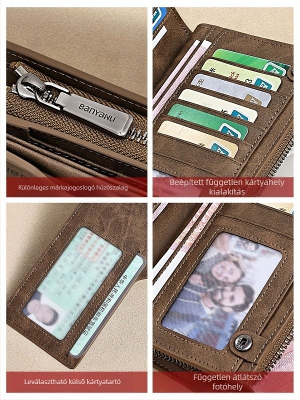 Férfi bőr pénztárca több kártyahellyel, nagy kapacitás, levehető jogosítvány-tartó, gradiens mintázat, városi letisztult stílus