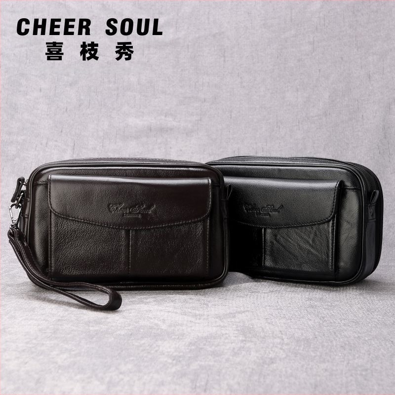 Férfi bőr clutch táska üzleti utazásokhoz — valódi bőr, első réteg marhabőr, üzleti stílus, belső poliészter