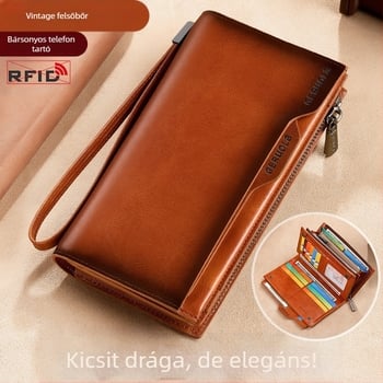 GERUOLA férfi hosszú valódi bőr pénztárca, anti-theft funkcióval, első réteg marhabőr, poliészter bélés