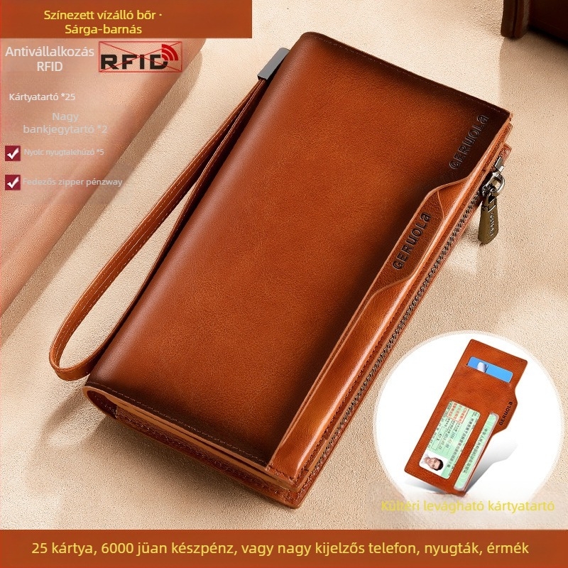 GERUOLA férfi hosszú valódi bőr pénztárca, anti-theft funkcióval, első réteg marhabőr, poliészter bélés