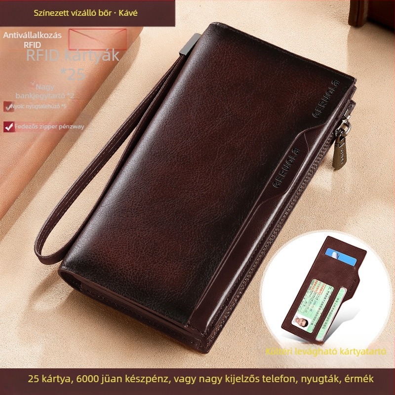 GERUOLA férfi hosszú valódi bőr pénztárca, anti-theft funkcióval, első réteg marhabőr, poliészter bélés
