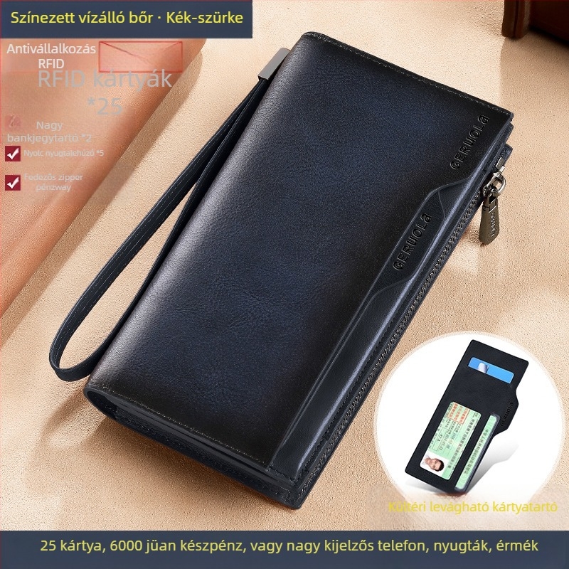 GERUOLA férfi hosszú valódi bőr pénztárca, anti-theft funkcióval, első réteg marhabőr, poliészter bélés