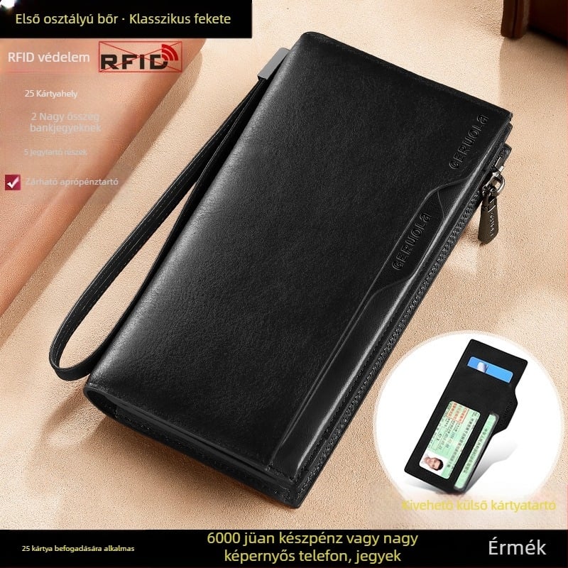 GERUOLA férfi hosszú valódi bőr pénztárca, anti-theft funkcióval, első réteg marhabőr, poliészter bélés