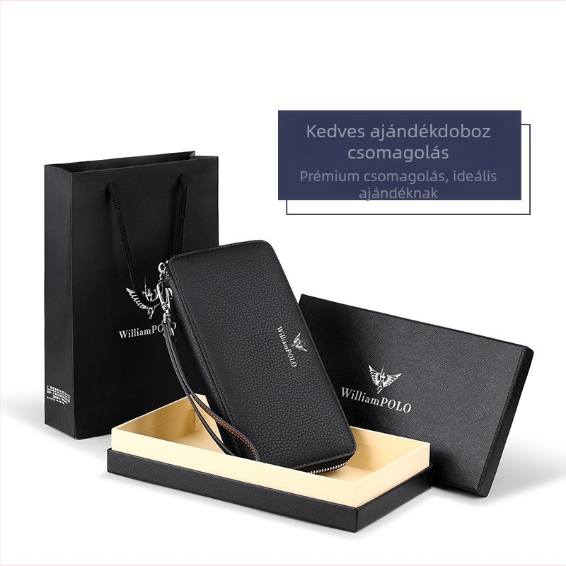 King Paul férfi hosszú bőrpénztárca cipzárral – üzleti stílus, egyszínű, poliészter bélés, anti-lopás funkció