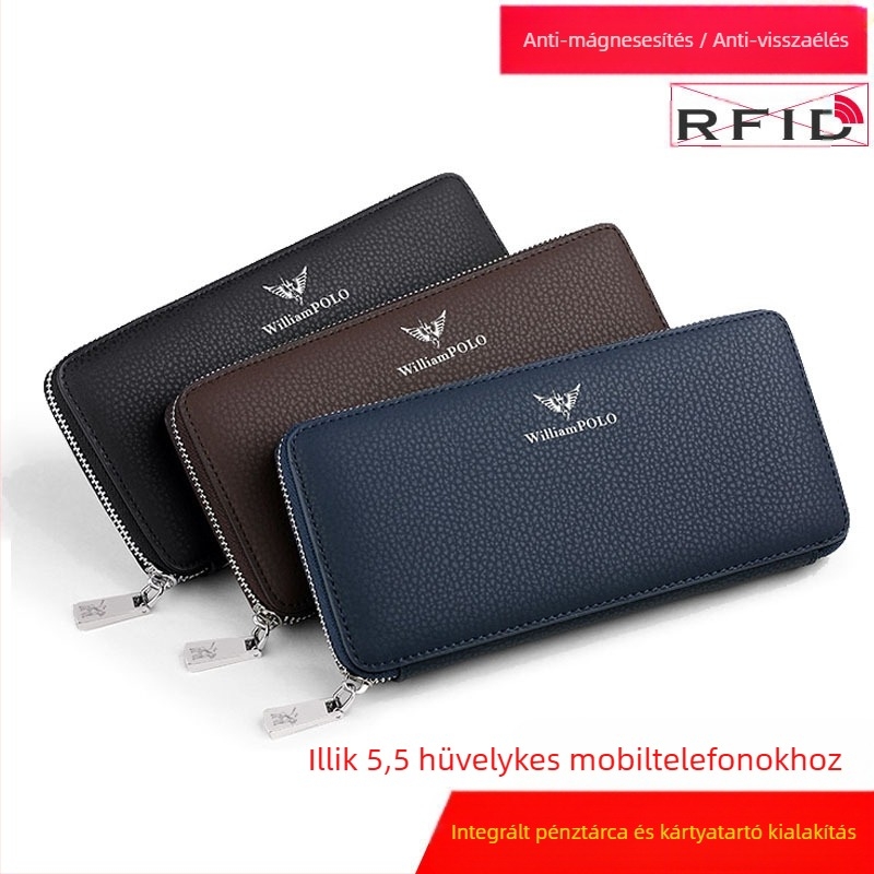 King Paul férfi hosszú bőrpénztárca cipzárral – üzleti stílus, egyszínű, poliészter bélés, anti-lopás funkció