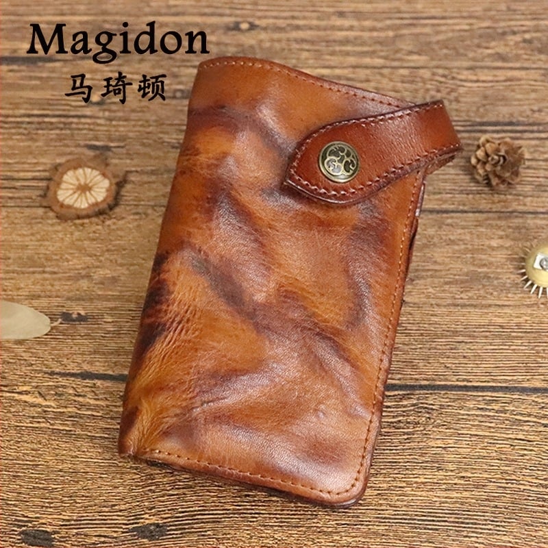 Férfi hosszú pénztárca — kézzel készített, kopott hatású növény-kezelt bőr, első réteg marhabőrből, kártyatartó, retro stílus