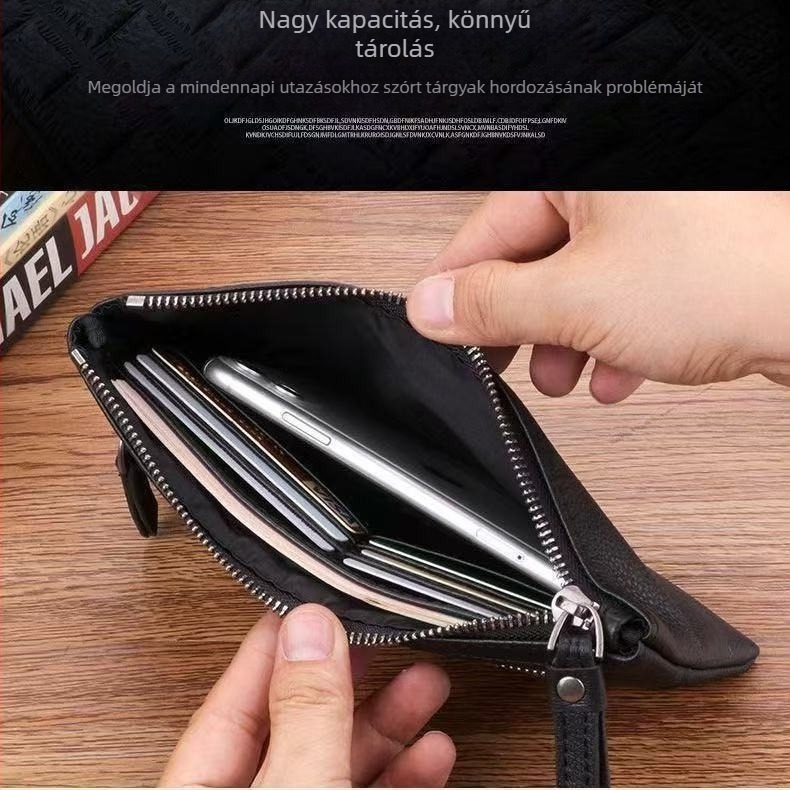 Férfi clutch táska valódi bőrből, első réteg marhabőrből, üzleti utazásokhoz, lopás elleni védelem és kopásállóság.