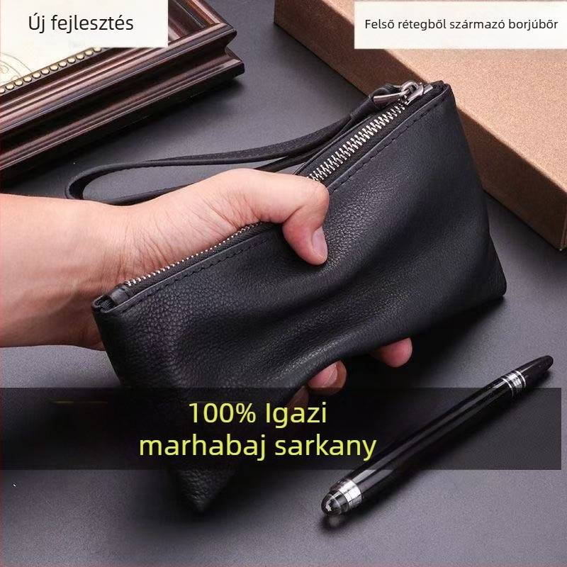 Férfi clutch táska valódi bőrből, első réteg marhabőrből, üzleti utazásokhoz, lopás elleni védelem és kopásállóság.