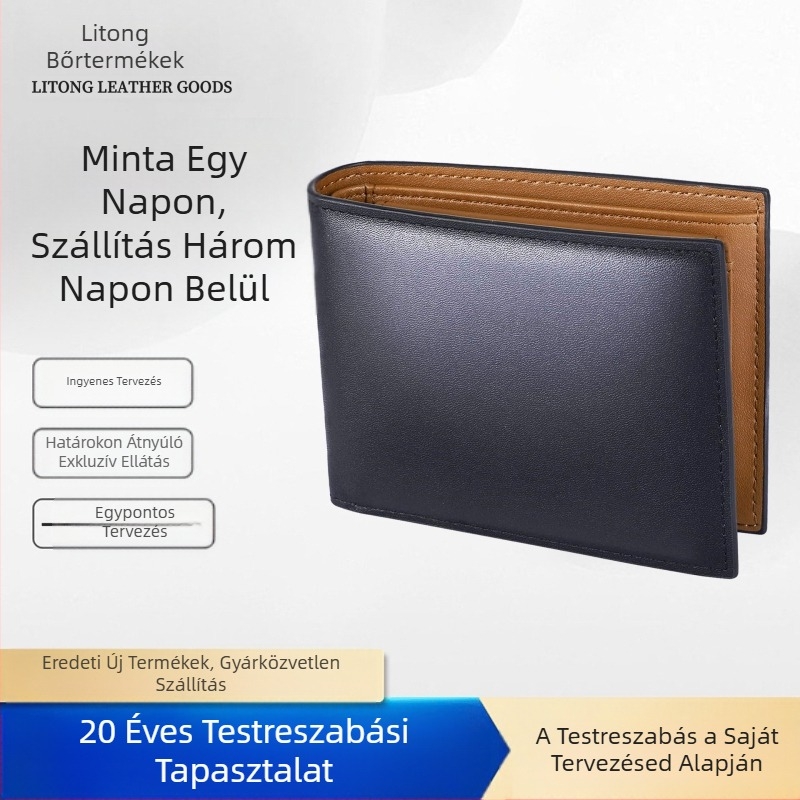 Uniszex bi-fold tárca valódi bőrből, első bőr réteg, vízszintes négyzetes forma, városi minimalist stílus, anti-lopás funkció