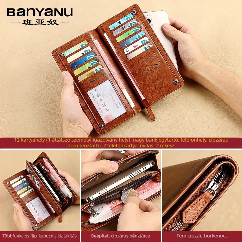 Bananu Férfi Hosszú Bőrpénztárca – valódi bőr első réteg, egyszínű, több kártya rekesz