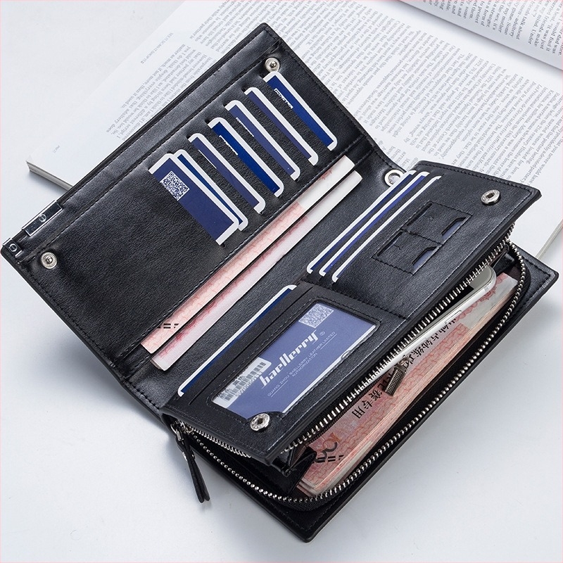 Baellerry férfi hosszú pénztárca SW006, PU bőr, üzleti stílus, csat és cipzár, bélés poliészter