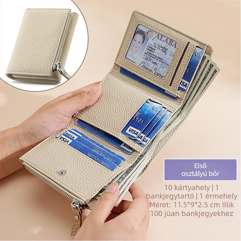 Valódi bőrből készült kártyatartó pénztárca cipzárral, ultra vékony, uniszex, első réteg borjúbőrből, bélés poliészter