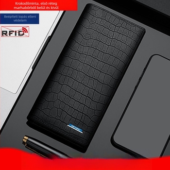 Férfi hosszú pénztárca-klatch, krokodil mintás első rétegű marhabőrből, városi minimalista stílus