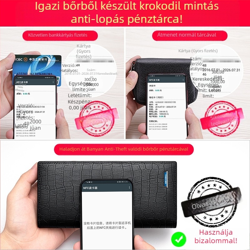 Férfi hosszú pénztárca-klatch, krokodil mintás első rétegű marhabőrből, városi minimalista stílus