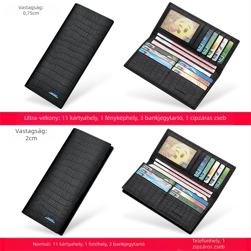 Férfi hosszú pénztárca-klatch, krokodil mintás első rétegű marhabőrből, városi minimalista stílus
