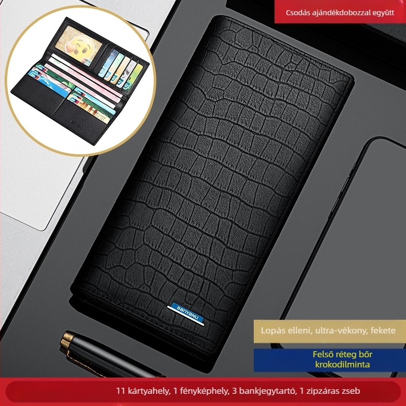 Férfi hosszú pénztárca-klatch, krokodil mintás első rétegű marhabőrből, városi minimalista stílus