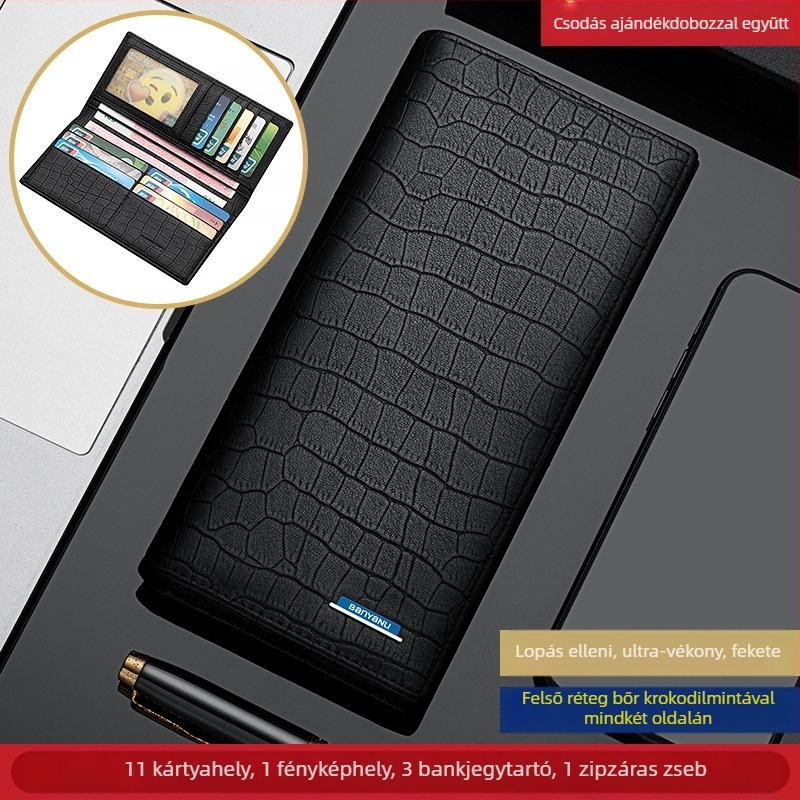Férfi hosszú pénztárca-klatch, krokodil mintás első rétegű marhabőrből, városi minimalista stílus