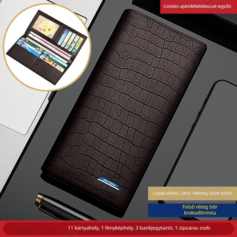 Férfi hosszú pénztárca-klatch, krokodil mintás első rétegű marhabőrből, városi minimalista stílus