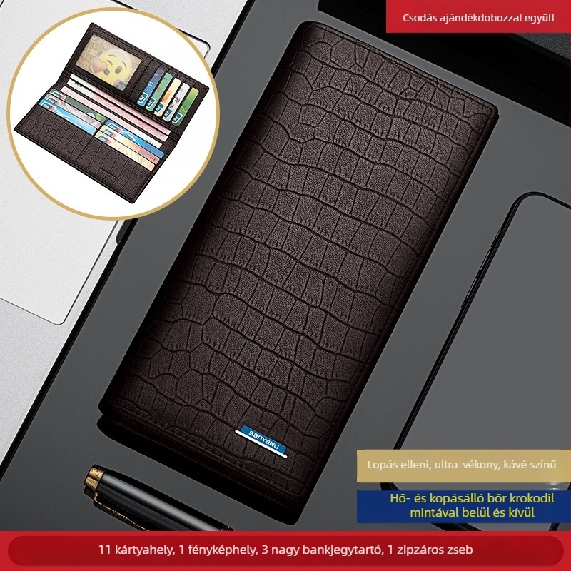 Férfi hosszú pénztárca-klatch, krokodil mintás első rétegű marhabőrből, városi minimalista stílus