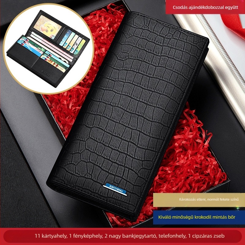 Férfi hosszú pénztárca-klatch, krokodil mintás első rétegű marhabőrből, városi minimalista stílus